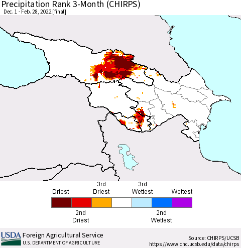 Azerbaijan, Armenia and Georgia Precipitation Rank since 1981, 3-Month (CHIRPS) Thematic Map For 12/1/2021 - 2/28/2022