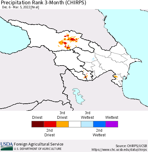Azerbaijan, Armenia and Georgia Precipitation Rank since 1981, 3-Month (CHIRPS) Thematic Map For 12/6/2021 - 3/5/2022