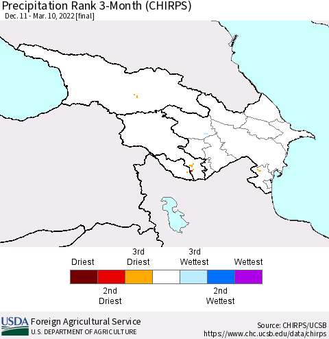 Azerbaijan, Armenia and Georgia Precipitation Rank since 1981, 3-Month (CHIRPS) Thematic Map For 12/11/2021 - 3/10/2022