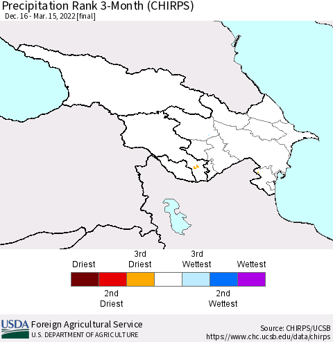 Azerbaijan, Armenia and Georgia Precipitation Rank since 1981, 3-Month (CHIRPS) Thematic Map For 12/16/2021 - 3/15/2022