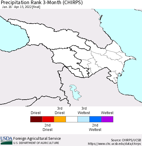Azerbaijan, Armenia and Georgia Precipitation Rank since 1981, 3-Month (CHIRPS) Thematic Map For 1/16/2022 - 4/15/2022