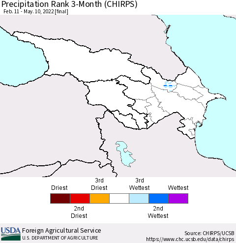Azerbaijan, Armenia and Georgia Precipitation Rank since 1981, 3-Month (CHIRPS) Thematic Map For 2/11/2022 - 5/10/2022