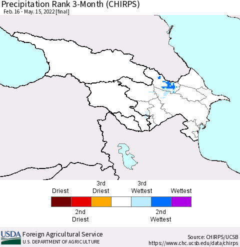 Azerbaijan, Armenia and Georgia Precipitation Rank since 1981, 3-Month (CHIRPS) Thematic Map For 2/16/2022 - 5/15/2022