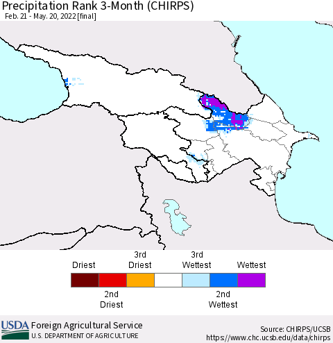 Azerbaijan, Armenia and Georgia Precipitation Rank since 1981, 3-Month (CHIRPS) Thematic Map For 2/21/2022 - 5/20/2022