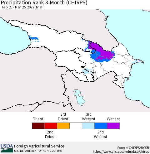 Azerbaijan, Armenia and Georgia Precipitation Rank since 1981, 3-Month (CHIRPS) Thematic Map For 2/26/2022 - 5/25/2022