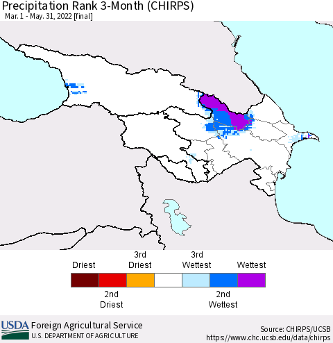Azerbaijan, Armenia and Georgia Precipitation Rank since 1981, 3-Month (CHIRPS) Thematic Map For 3/1/2022 - 5/31/2022