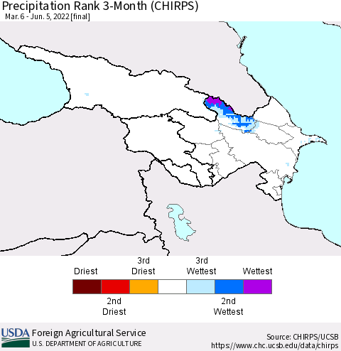 Azerbaijan, Armenia and Georgia Precipitation Rank since 1981, 3-Month (CHIRPS) Thematic Map For 3/6/2022 - 6/5/2022