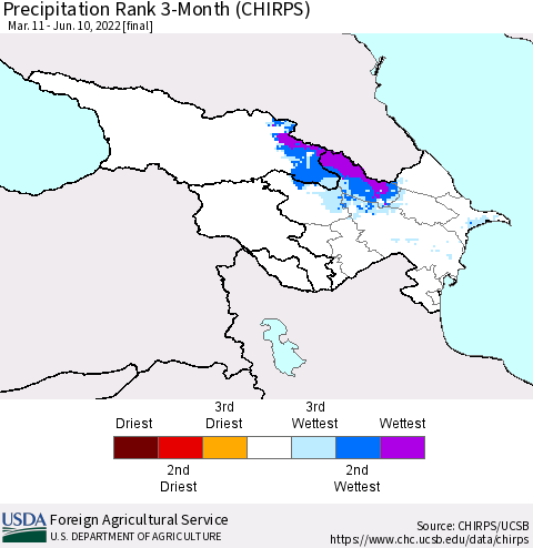 Azerbaijan, Armenia and Georgia Precipitation Rank since 1981, 3-Month (CHIRPS) Thematic Map For 3/11/2022 - 6/10/2022