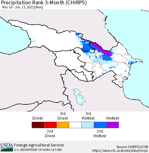 Azerbaijan, Armenia and Georgia Precipitation Rank since 1981, 3-Month (CHIRPS) Thematic Map For 3/16/2022 - 6/15/2022