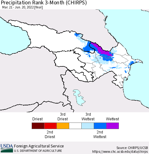Azerbaijan, Armenia and Georgia Precipitation Rank since 1981, 3-Month (CHIRPS) Thematic Map For 3/21/2022 - 6/20/2022