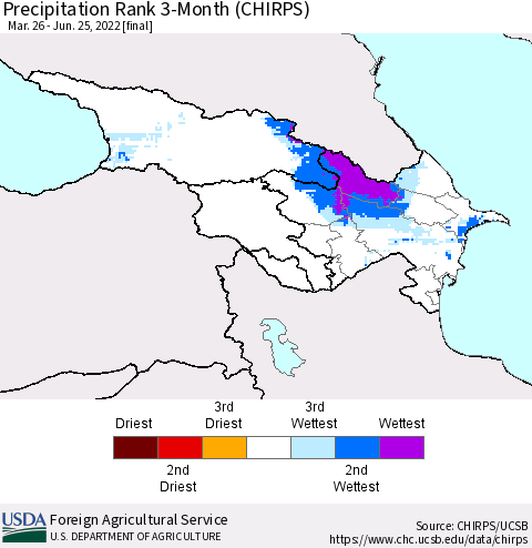 Azerbaijan, Armenia and Georgia Precipitation Rank since 1981, 3-Month (CHIRPS) Thematic Map For 3/26/2022 - 6/25/2022