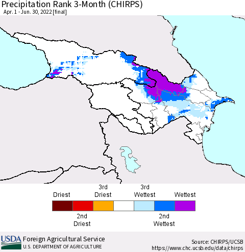 Azerbaijan, Armenia and Georgia Precipitation Rank since 1981, 3-Month (CHIRPS) Thematic Map For 4/1/2022 - 6/30/2022