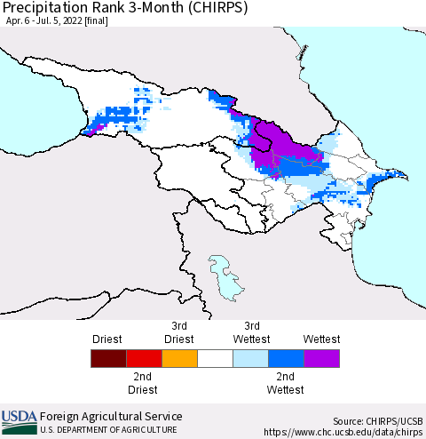Azerbaijan, Armenia and Georgia Precipitation Rank since 1981, 3-Month (CHIRPS) Thematic Map For 4/6/2022 - 7/5/2022