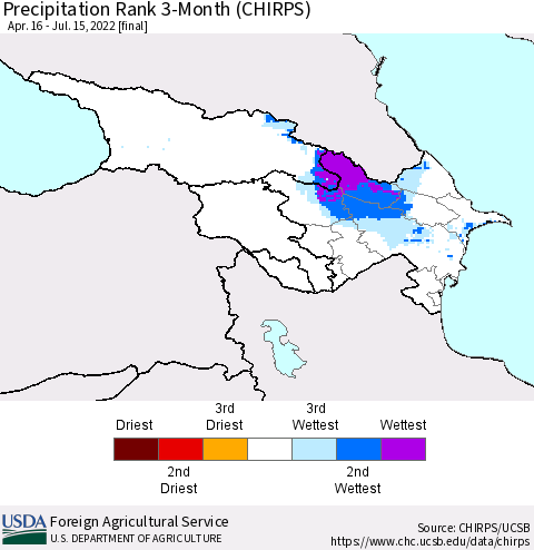 Azerbaijan, Armenia and Georgia Precipitation Rank since 1981, 3-Month (CHIRPS) Thematic Map For 4/16/2022 - 7/15/2022