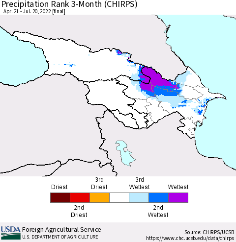 Azerbaijan, Armenia and Georgia Precipitation Rank since 1981, 3-Month (CHIRPS) Thematic Map For 4/21/2022 - 7/20/2022