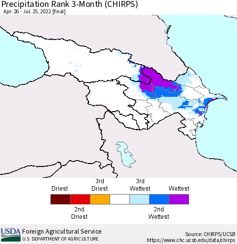Azerbaijan, Armenia and Georgia Precipitation Rank since 1981, 3-Month (CHIRPS) Thematic Map For 4/26/2022 - 7/25/2022