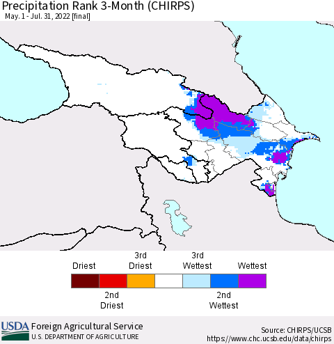 Azerbaijan, Armenia and Georgia Precipitation Rank since 1981, 3-Month (CHIRPS) Thematic Map For 5/1/2022 - 7/31/2022