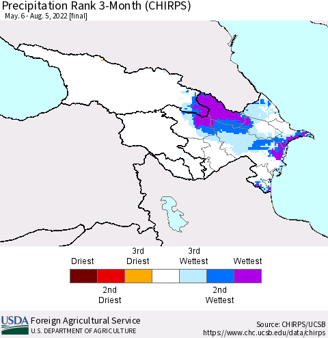 Azerbaijan, Armenia and Georgia Precipitation Rank since 1981, 3-Month (CHIRPS) Thematic Map For 5/6/2022 - 8/5/2022