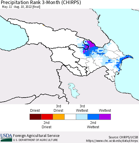 Azerbaijan, Armenia and Georgia Precipitation Rank since 1981, 3-Month (CHIRPS) Thematic Map For 5/11/2022 - 8/10/2022