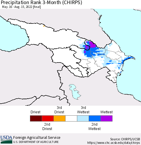 Azerbaijan, Armenia and Georgia Precipitation Rank since 1981, 3-Month (CHIRPS) Thematic Map For 5/16/2022 - 8/15/2022