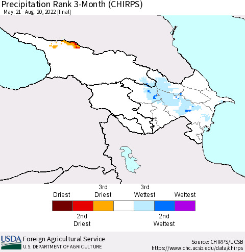 Azerbaijan, Armenia and Georgia Precipitation Rank since 1981, 3-Month (CHIRPS) Thematic Map For 5/21/2022 - 8/20/2022