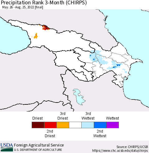 Azerbaijan, Armenia and Georgia Precipitation Rank since 1981, 3-Month (CHIRPS) Thematic Map For 5/26/2022 - 8/25/2022