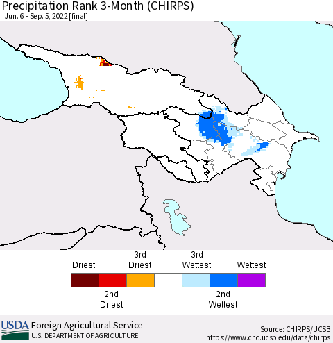 Azerbaijan, Armenia and Georgia Precipitation Rank since 1981, 3-Month (CHIRPS) Thematic Map For 6/6/2022 - 9/5/2022