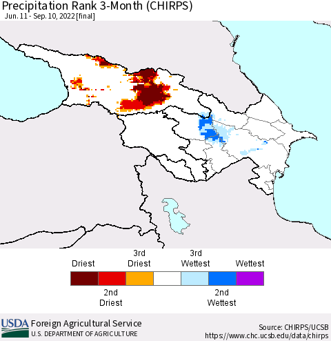 Azerbaijan, Armenia and Georgia Precipitation Rank since 1981, 3-Month (CHIRPS) Thematic Map For 6/11/2022 - 9/10/2022