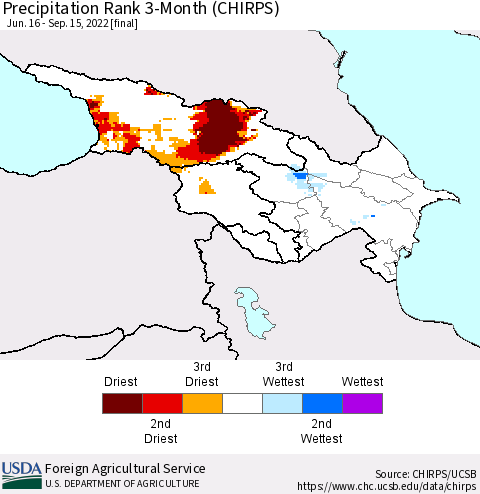 Azerbaijan, Armenia and Georgia Precipitation Rank since 1981, 3-Month (CHIRPS) Thematic Map For 6/16/2022 - 9/15/2022