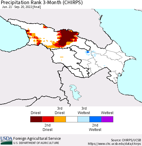 Azerbaijan, Armenia and Georgia Precipitation Rank since 1981, 3-Month (CHIRPS) Thematic Map For 6/21/2022 - 9/20/2022