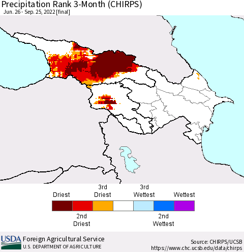 Azerbaijan, Armenia and Georgia Precipitation Rank since 1981, 3-Month (CHIRPS) Thematic Map For 6/26/2022 - 9/25/2022