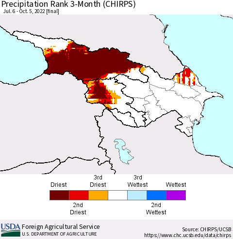 Azerbaijan, Armenia and Georgia Precipitation Rank since 1981, 3-Month (CHIRPS) Thematic Map For 7/6/2022 - 10/5/2022