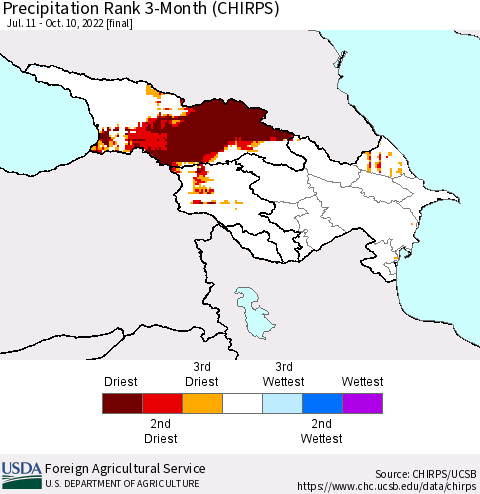 Azerbaijan, Armenia and Georgia Precipitation Rank since 1981, 3-Month (CHIRPS) Thematic Map For 7/11/2022 - 10/10/2022