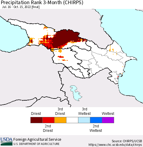 Azerbaijan, Armenia and Georgia Precipitation Rank since 1981, 3-Month (CHIRPS) Thematic Map For 7/16/2022 - 10/15/2022
