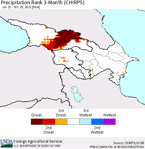 Azerbaijan, Armenia and Georgia Precipitation Rank since 1981, 3-Month (CHIRPS) Thematic Map For 7/21/2022 - 10/20/2022