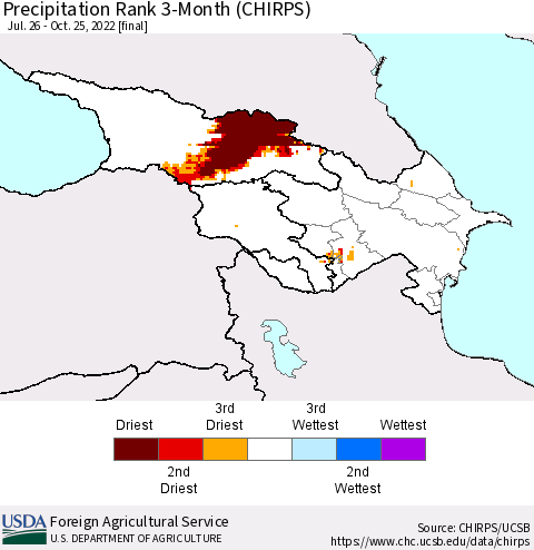 Azerbaijan, Armenia and Georgia Precipitation Rank since 1981, 3-Month (CHIRPS) Thematic Map For 7/26/2022 - 10/25/2022