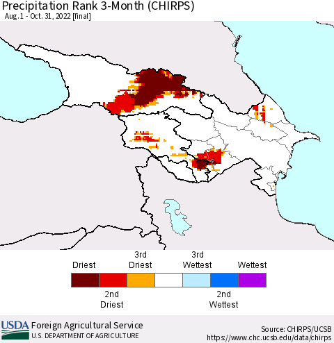 Azerbaijan, Armenia and Georgia Precipitation Rank since 1981, 3-Month (CHIRPS) Thematic Map For 8/1/2022 - 10/31/2022