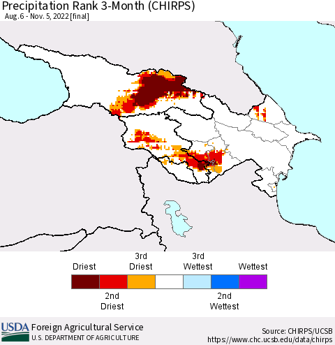 Azerbaijan, Armenia and Georgia Precipitation Rank since 1981, 3-Month (CHIRPS) Thematic Map For 8/6/2022 - 11/5/2022