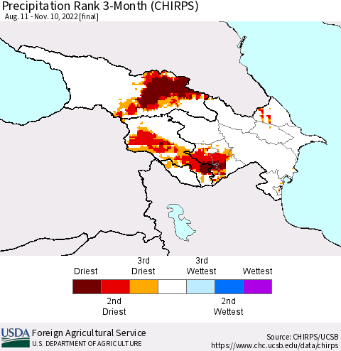Azerbaijan, Armenia and Georgia Precipitation Rank since 1981, 3-Month (CHIRPS) Thematic Map For 8/11/2022 - 11/10/2022