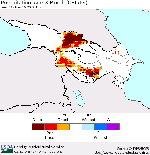 Azerbaijan, Armenia and Georgia Precipitation Rank since 1981, 3-Month (CHIRPS) Thematic Map For 8/16/2022 - 11/15/2022