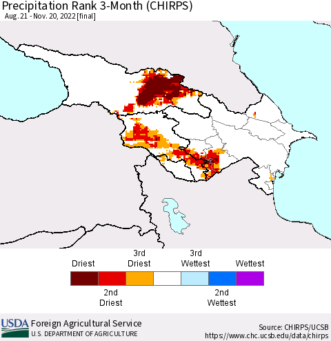 Azerbaijan, Armenia and Georgia Precipitation Rank since 1981, 3-Month (CHIRPS) Thematic Map For 8/21/2022 - 11/20/2022