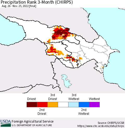 Azerbaijan, Armenia and Georgia Precipitation Rank since 1981, 3-Month (CHIRPS) Thematic Map For 8/26/2022 - 11/25/2022