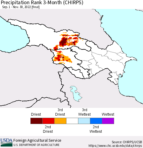 Azerbaijan, Armenia and Georgia Precipitation Rank since 1981, 3-Month (CHIRPS) Thematic Map For 9/1/2022 - 11/30/2022