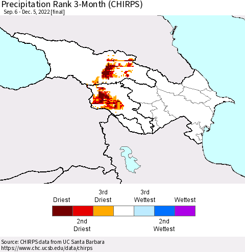 Azerbaijan, Armenia and Georgia Precipitation Rank since 1981, 3-Month (CHIRPS) Thematic Map For 9/6/2022 - 12/5/2022