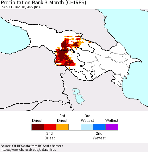 Azerbaijan, Armenia and Georgia Precipitation Rank since 1981, 3-Month (CHIRPS) Thematic Map For 9/11/2022 - 12/10/2022