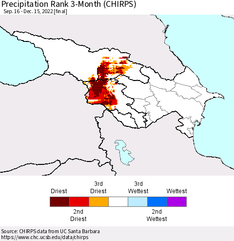 Azerbaijan, Armenia and Georgia Precipitation Rank since 1981, 3-Month (CHIRPS) Thematic Map For 9/16/2022 - 12/15/2022