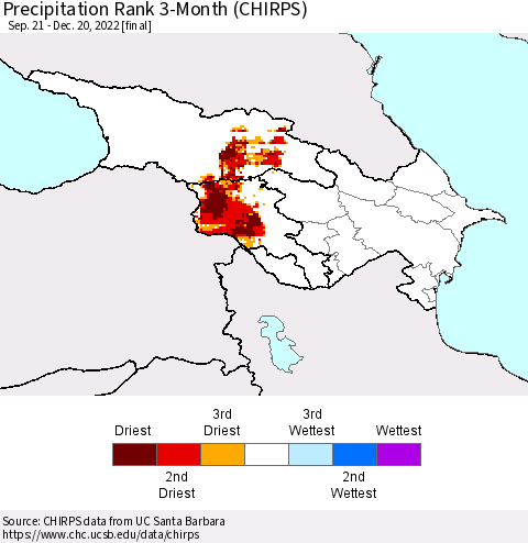 Azerbaijan, Armenia and Georgia Precipitation Rank since 1981, 3-Month (CHIRPS) Thematic Map For 9/21/2022 - 12/20/2022