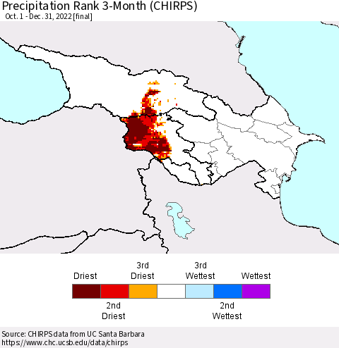 Azerbaijan, Armenia and Georgia Precipitation Rank since 1981, 3-Month (CHIRPS) Thematic Map For 10/1/2022 - 12/31/2022
