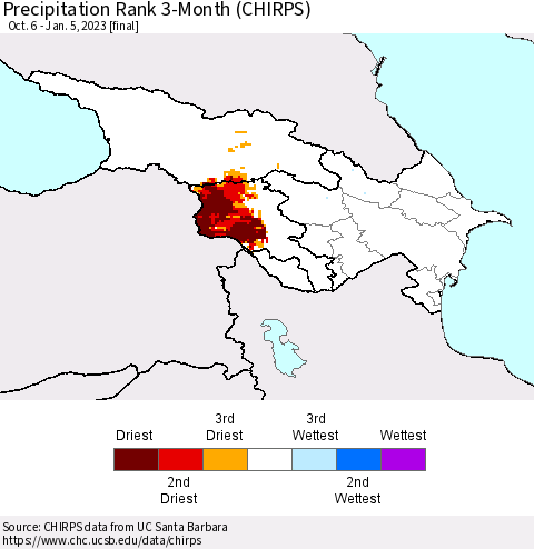 Azerbaijan, Armenia and Georgia Precipitation Rank since 1981, 3-Month (CHIRPS) Thematic Map For 10/6/2022 - 1/5/2023