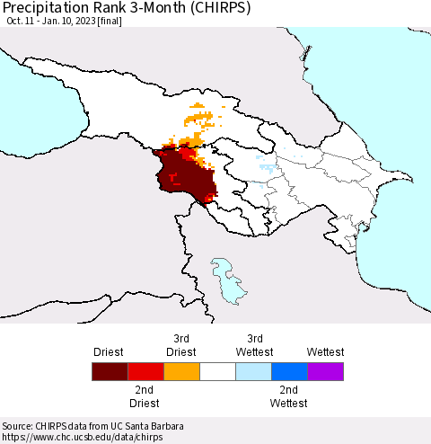 Azerbaijan, Armenia and Georgia Precipitation Rank since 1981, 3-Month (CHIRPS) Thematic Map For 10/11/2022 - 1/10/2023